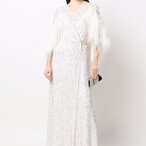 Jenny Packham Brand New White Sequin Feather Gown, Size US8